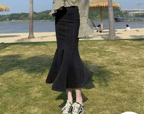 半身裙短裙黑色高腰牛仔鱼尾裙女春秋a字裙荷...