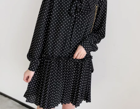 K姐自制 波点连衣裙 气质V领系带设计复古...