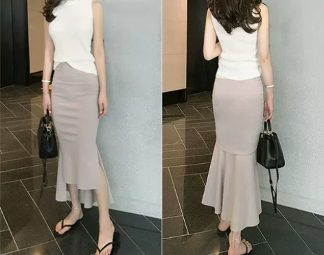 洛城。夏季鱼尾半身裙中长款高腰开叉裙荷叶边...