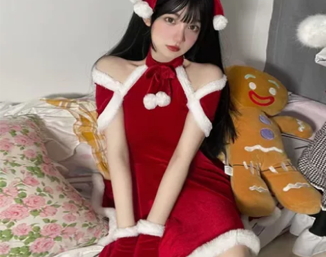 网红圣诞节套装裙制服红色性感连衣裙女秋冬毛...