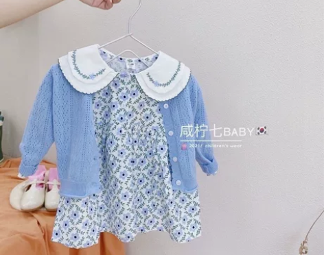 女童洋气套装裙秋装新款针织毛衣开衫碎花连衣...