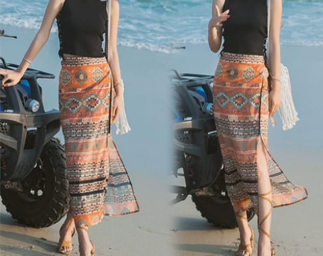 波西米亚沙滩裙民族风复古半长裙一片式高腰开...