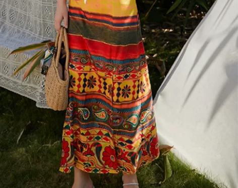 ?泰国民族风印花半身裙女装海边度假沙滩裙高...