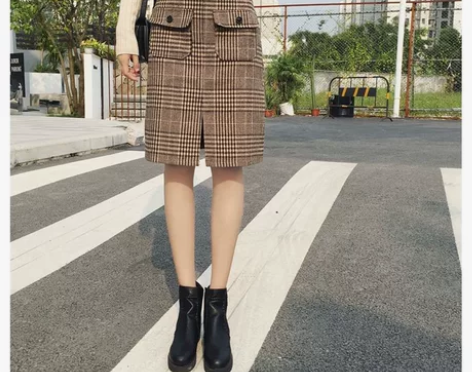 秋冬百搭毛呢格子半身裙复古高腰开叉中裙气质...