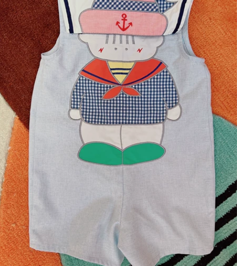 薄纱水手连体服可爱海军娃娃蓝色刺绣卡通连体...