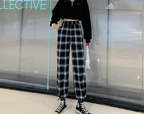 黑白格子裤女宽松束脚夏季薄款2021新款显...