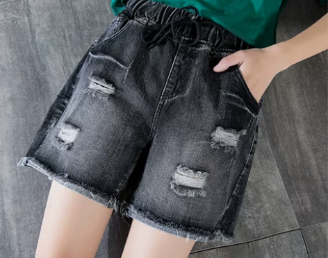 松紧腰牛仔短裤女夏黑色显瘦韩版宽松阔腿裤学...