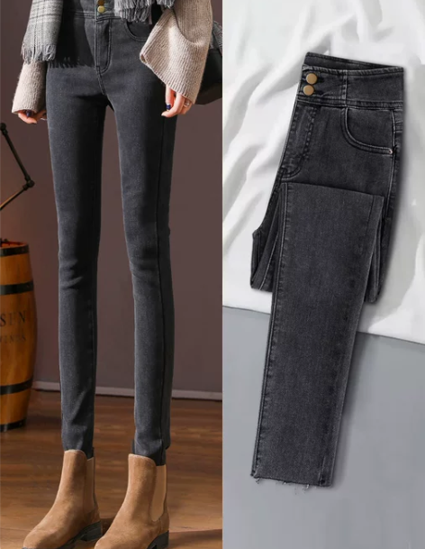 休闲装铅笔裤 铅笔裤子烟灰色高腰牛仔裤女春...