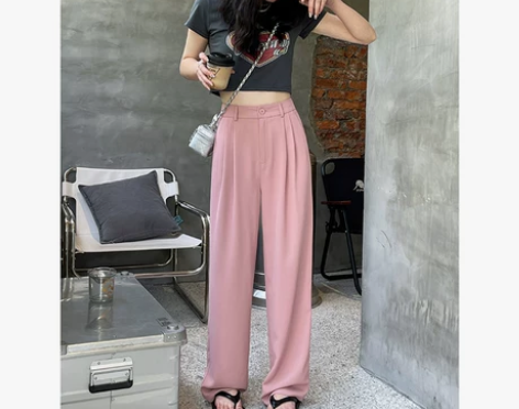 粉色西装阔腿裤女夏季薄款高腰垂感拖地长裤宽...