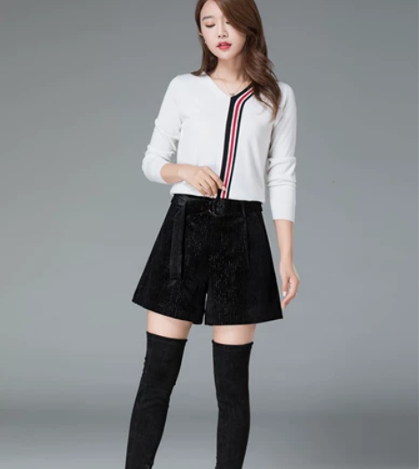 高腰短裤女外穿休闲靴裤宽松金丝绒黑色加厚阔...