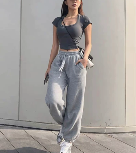 束脚运动裤女加绒宽松高腰显瘦欧美卫裤秋冬直...