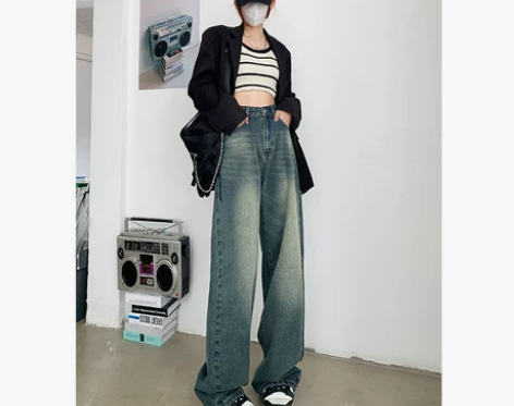 阔腿牛仔裤 拖地阔腿牛仔裤美式复古做旧女高...