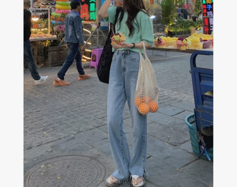 白水女 阔腿浅蓝色牛仔裤女春秋季韩版宽松显...