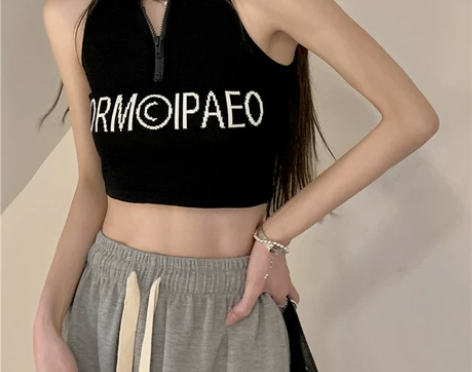 kumikumi撞色字母拉链背心女夏季修身...