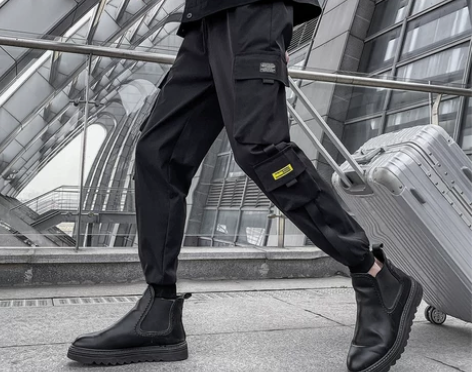 潮牌痞帅工装裤男秋冬修身束脚韩版宽松黑色加...