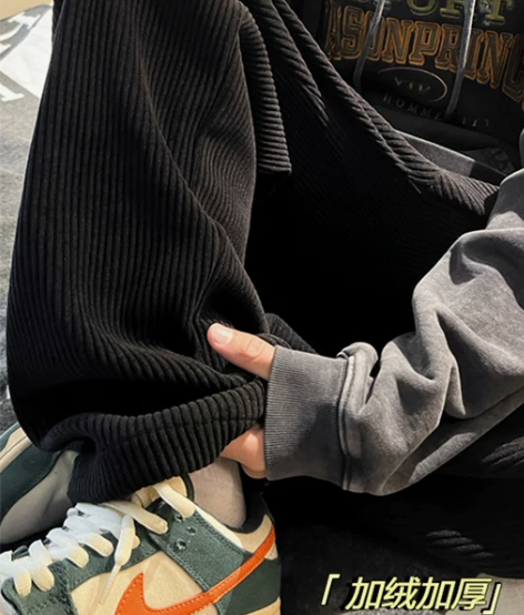 裤加绒 加厚裤子灯芯绒男秋冬潮牌垂感直筒宽松