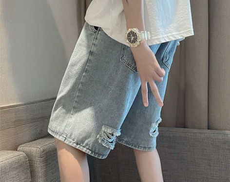 破洞牛仔短裤男ins港风复古直筒中裤夏季薄...