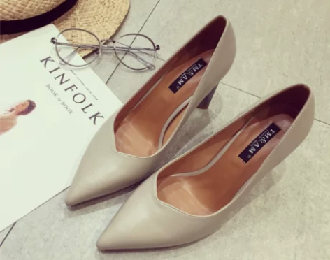 ?韩版高跟鞋2018春季新款浅口尖头粗跟单...