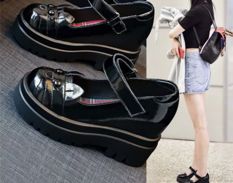 玛丽珍小皮鞋子女2021春秋新款坡跟厚底内...