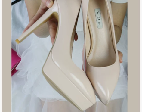 夏季裸色大码女鞋小码单鞋羊漆皮防水台女尖头...