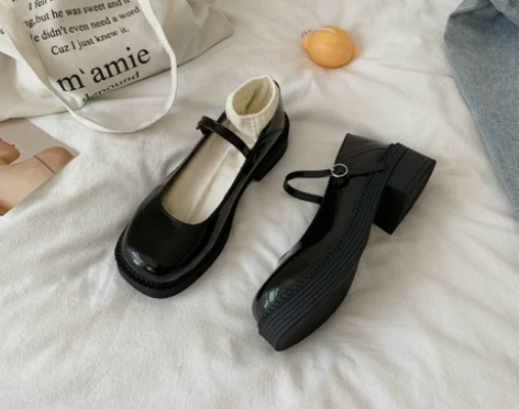 黑色浅口玛丽珍鞋女日系英伦学院风小皮鞋粗跟...