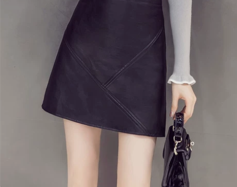 小皮裙女秋冬季新款高腰防走光a字裙黑色pu...