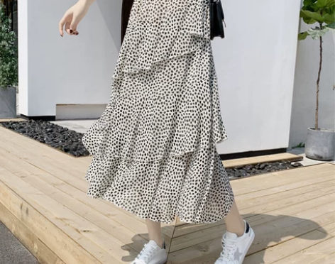 大码波点半身裙女春夏中长款蛋糕裙不规则雪纺...