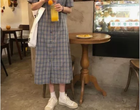 温柔文艺风法式衬衫格子连衣裙复古显瘦森系裙...