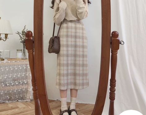 文艺风棉麻奶茶格子半身裙 腰围68-88,...