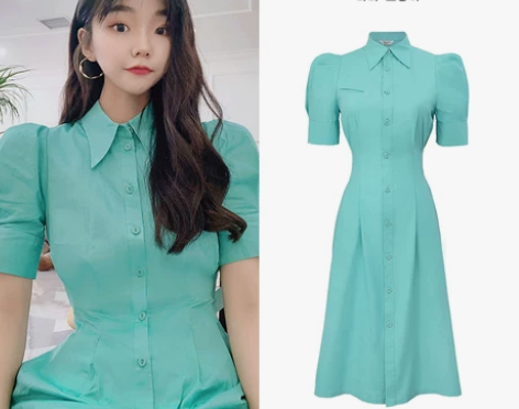 薄荷绿色连衣裙李珠彬韩国明星同款泡泡袖轻熟...