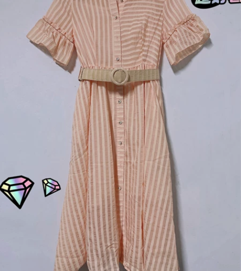 香港全新文艺风田园复古橙色系条纹民族感连衣...