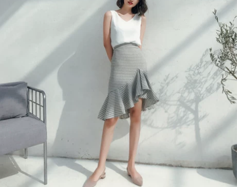 2018夏季新款A字中裙半身裙女复古小格子...
