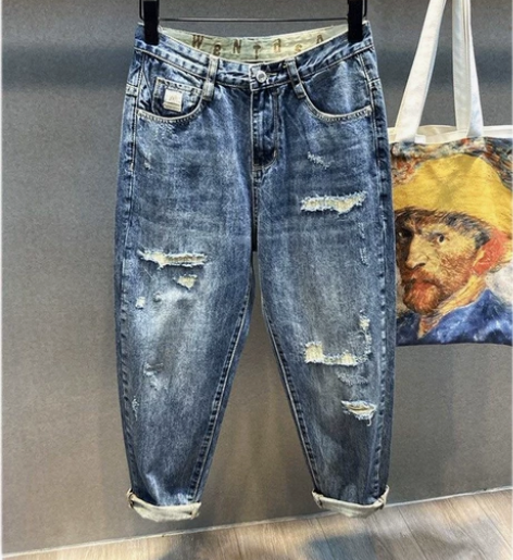 全新高街破洞牛仔裤男夏季薄款阔腿老爹哈伦裤...