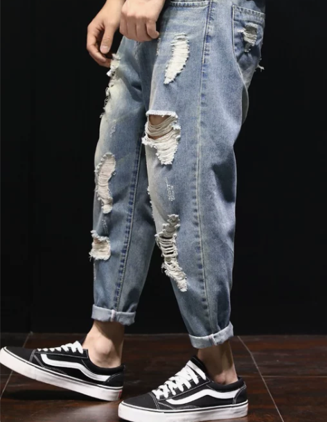 破洞牛仔裤 破洞牛仔九分裤男宽松九分夏天薄...