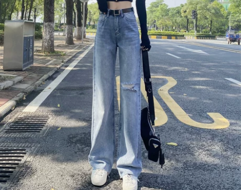 高腰破洞夏季薄款阔腿牛仔裤女显瘦显高垂感宽...