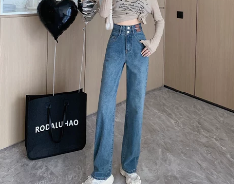 阔腿裤牛仔裤 牛仔裤长裤双扣皮牌设计显瘦拖...