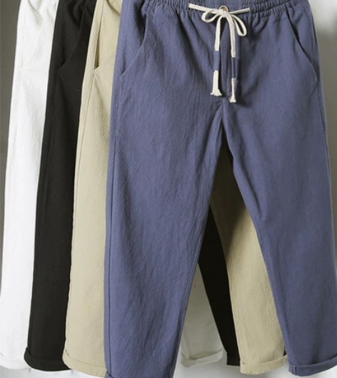 全新亚麻9九分裤男宽松运动直筒裤棉麻裤八分...