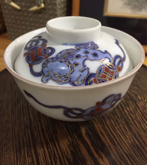 日本 老青花柴烧描金矾红盖碗 茶碗 地包天...