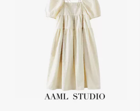 美到炸！淡黄色泡泡袖连衣裙法式初恋方领中长...