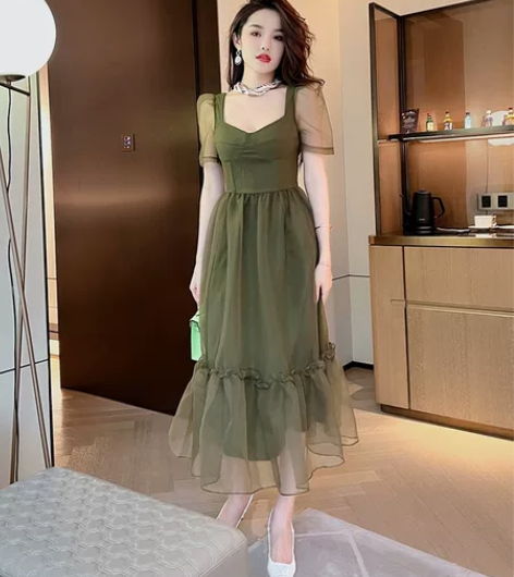 法式方领复古欧根纱连衣裙女夏2022年新款...