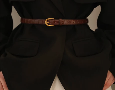 鳄鱼纹牛皮皮带女ins风配西装装饰连衣裙牛...