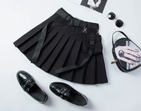 【狂欢价】口袋百褶裙短裙暗黑系女夏高腰朋克...