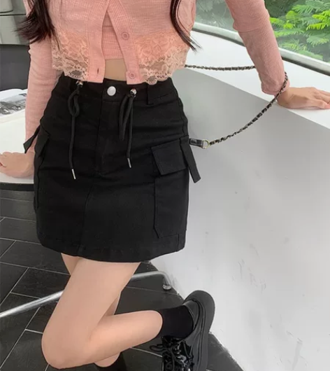 牛仔半身高腰显瘦气质系带辣妹工装风A字短裙...