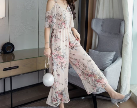 2017夏装新款女装雪纺阔腿裤碎花露肩吊带...