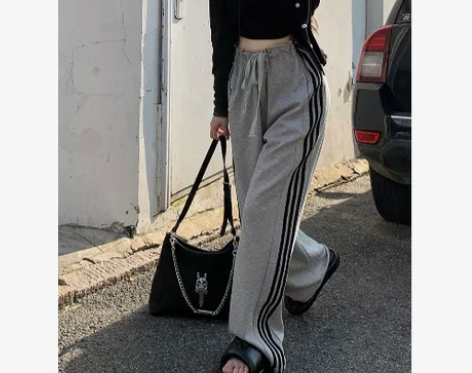 kumikumi侧边条纹休闲裤运动裤女秋季...