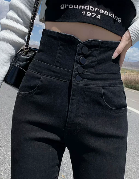 超高腰牛仔裤女春季黑色显瘦高腰小脚裤秋季