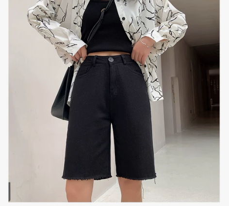 黑色短裤女夏宽松2020年新款牛仔中裤裤高...