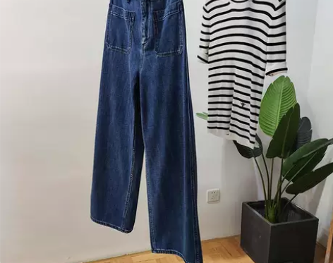 水洗深蓝 复古高腰宽松显瘦阔腿口袋 九分牛...