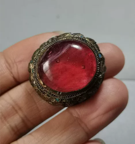 清老银+料器如意头 鎏金带款，掐丝工艺，比...