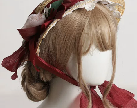 lolita花朵草帽女夏扁帽洛丽塔防晒遮阳...